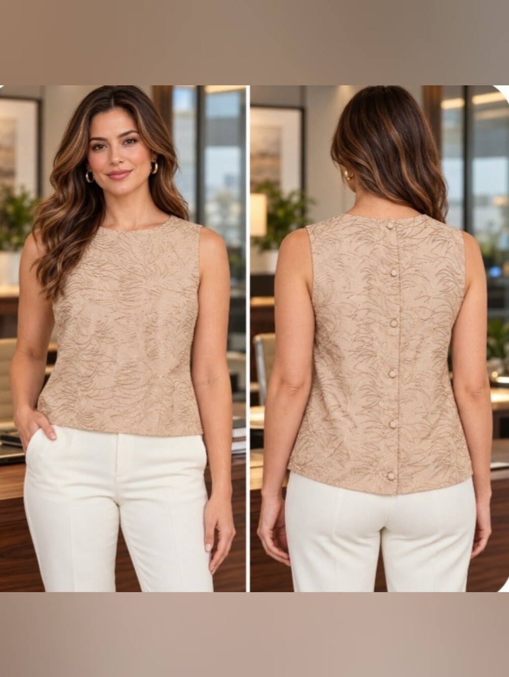 Express Tan Sleeveless Gold Embroidered Button Back Blouse Size XL Office Career